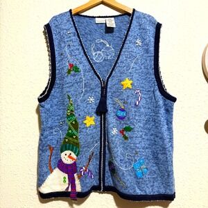 Vintage White Stag Womens 18/20 Plus Blue Snowman Christmas Vest Sweater